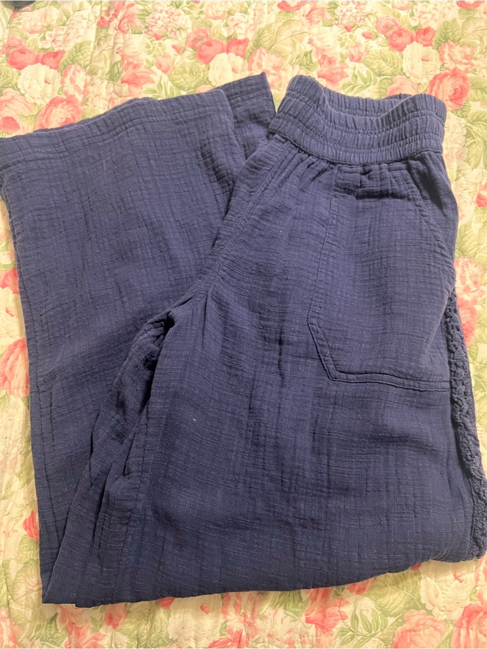 Navy Gauze Wide-Leg  Pants